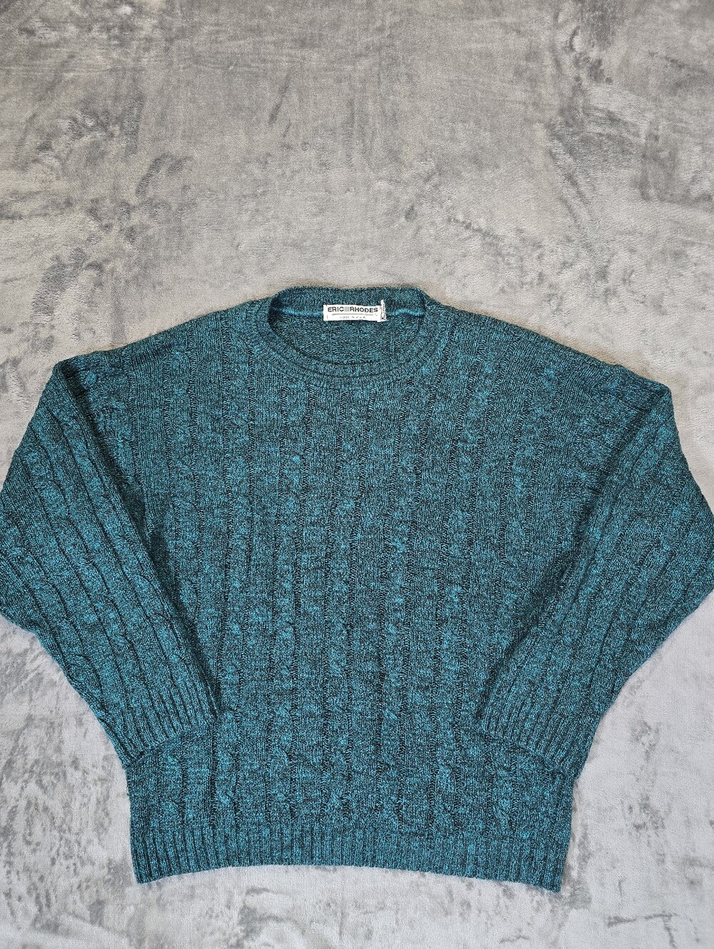 Vintage Eric Rhodes Teal Flecked Cable Knit Sweater Size Large USA